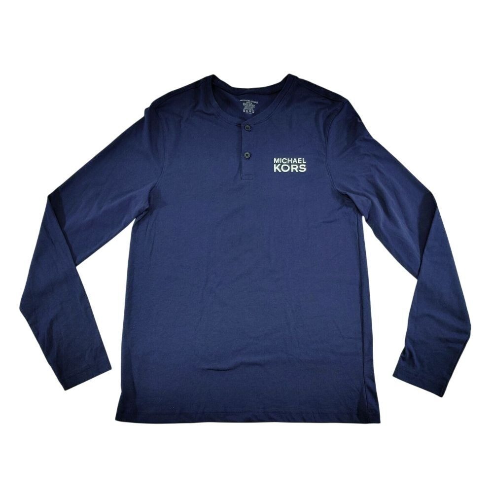 Michael Kors Navy Long Sleeve Henley Shirt Classic Logo Cotton Casual Size M
